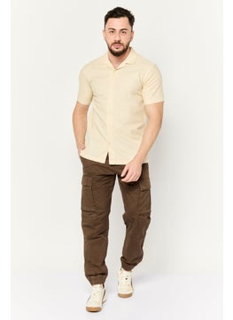 Algspar Men Regular Fit Textured Short Sleeves Casual Shirt, Beige  - Image 2