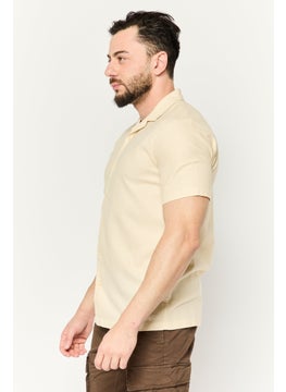 Algspar Men Regular Fit Textured Short Sleeves Casual Shirt, Beige  - Image 3