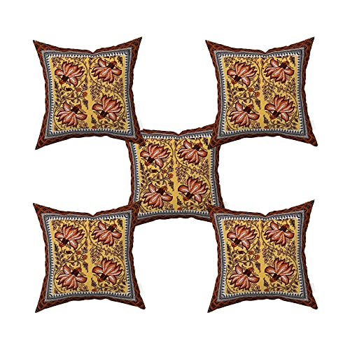 Blizz Mont | Ethnic Motif Printed Cushion Cover | Pure Cotton | Size- 16 x 16 inches- Set of 5 | Brown-FR - Image 1