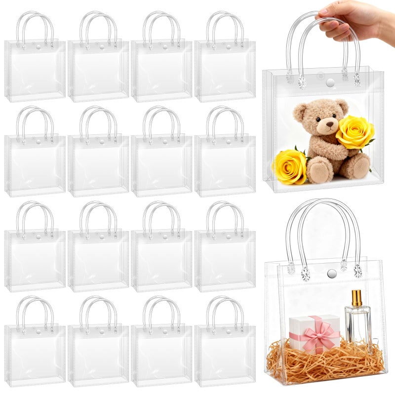 BadenBach 16 Pack Small Clear Gift Bags with Handles, 6.9" x 6.9" x 3.5" Small Reusable Plastic Party Favor Bags Bulk,Clear Goodie Bag for Wedding, Birthday, Mother's Day Boutique (17.5x17.5x9 cm) - Image 1