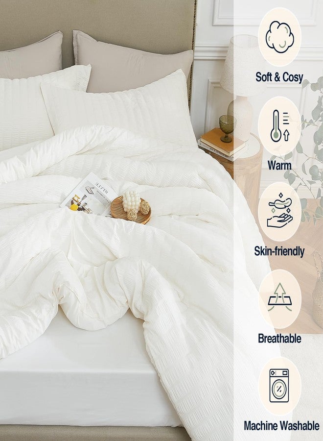 Quataly Beige Oversized Queen Comforter Set - 3 Pieces Seersucker Lightweight Bedding Comforter Sets (1 Soft Fluffy Comforter & 2 Pillowcases) - All Seasons Cozy Farmhouse Bed Sets for Women Men - Image 4