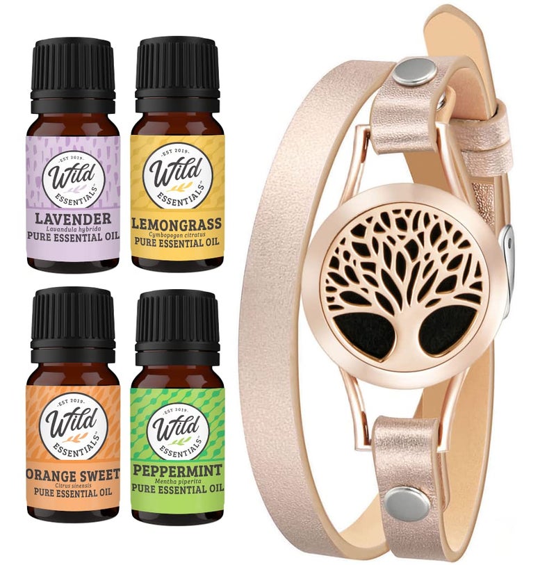 mEssentials Wild Essentials Rose Gold Tree Essential Oil Leather Wrap Bracelet Diffuser Gift Set Lavender Lemongrass Peppermint Orange Oils 12 Pads Customizable Color Changing Perfume Jewelry Aromatherapy