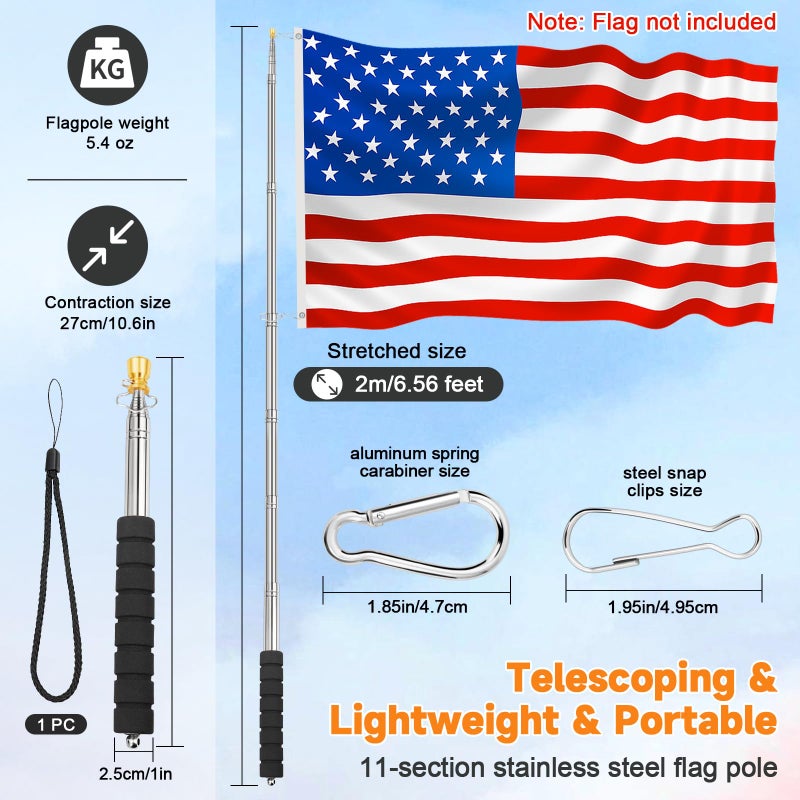 CATMOOW Portable Telescopic Handheld Flag Pole for Carrying, 6.56Ft/2M Stainless Steel Telescoping Hand Held Flag Pole to Carry, Extendable Tour Guide Flag Pole, Flagpoles with Clips for 3x5 Flag - Image 2