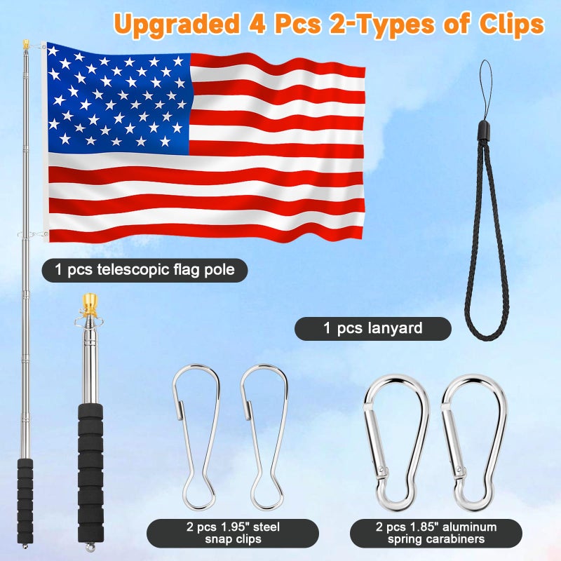 CATMOOW Portable Telescopic Handheld Flag Pole for Carrying, 6.56Ft/2M Stainless Steel Telescoping Hand Held Flag Pole to Carry, Extendable Tour Guide Flag Pole, Flagpoles with Clips for 3x5 Flag - Image 5