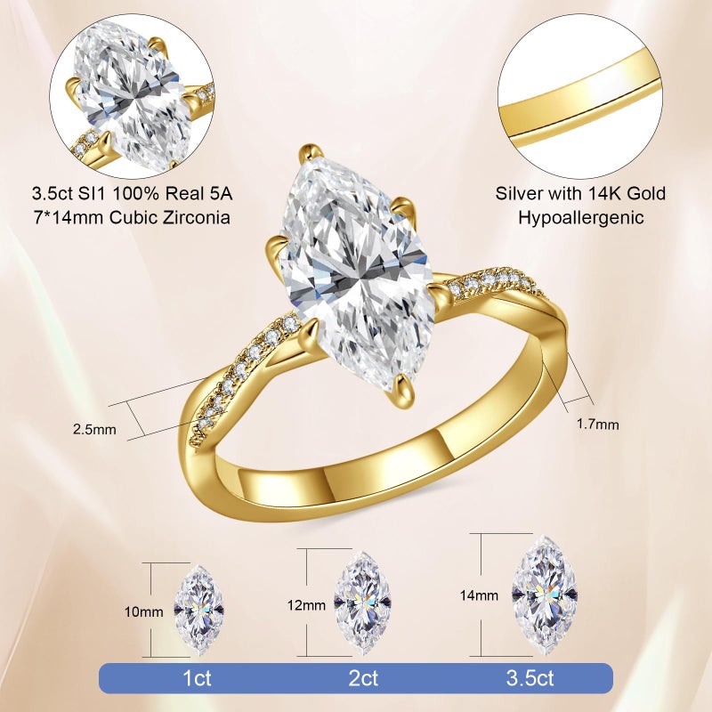 AVECON 3.5CT Marquise Cut Engagement Ring for Women, Infinity Twisted Promise Wedding Cubic Zirconia Band, 14K Gold Plated Simulated Diamond Anniversary Rings Size 7 - Image 3