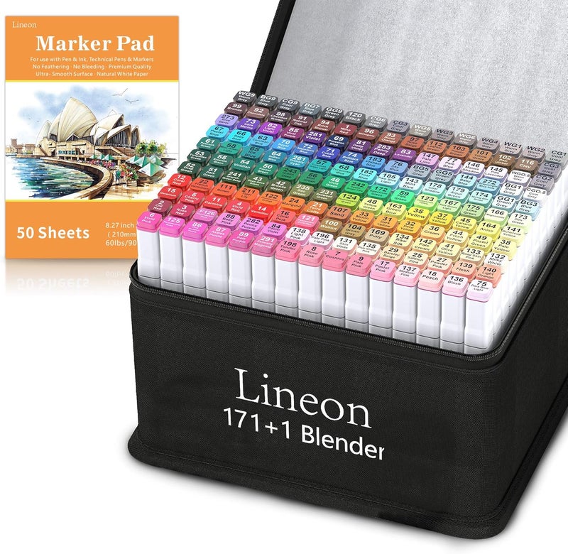 Lineon 172 Colors Alcohol Based Dual Tip Art Markers, 171+1 Blender Permanent Marker Pens Plus 1 Marker Pad 1 Case Perfect for Kids Adult Artist Coloring Books Drawing Sketching and Card Making - Image 1