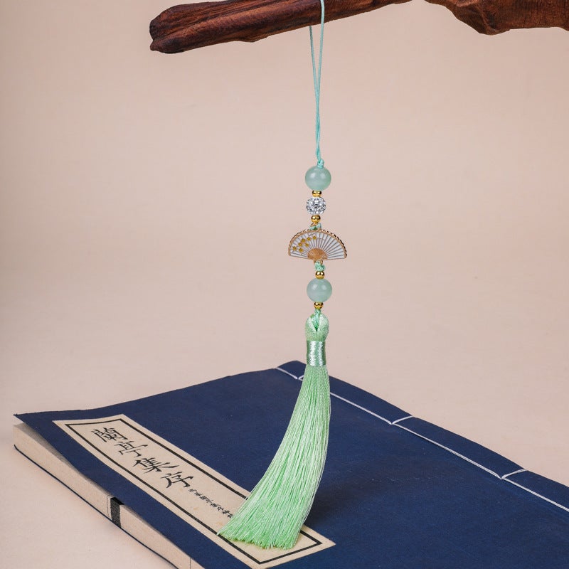 Generic Diamond Ball white fan tassel tassel Palace style cheongsam hanging tassel Han clothing accessories car hanging bag Press placket round beads hanging beard tender green