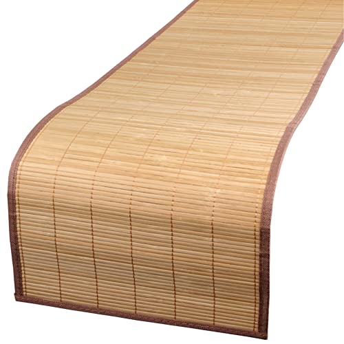 BambooMN Natural Slat Bamboo Table Runner with Fabric Border, Home Decor - Brown with Brown Border - 1 Piece - Image 2