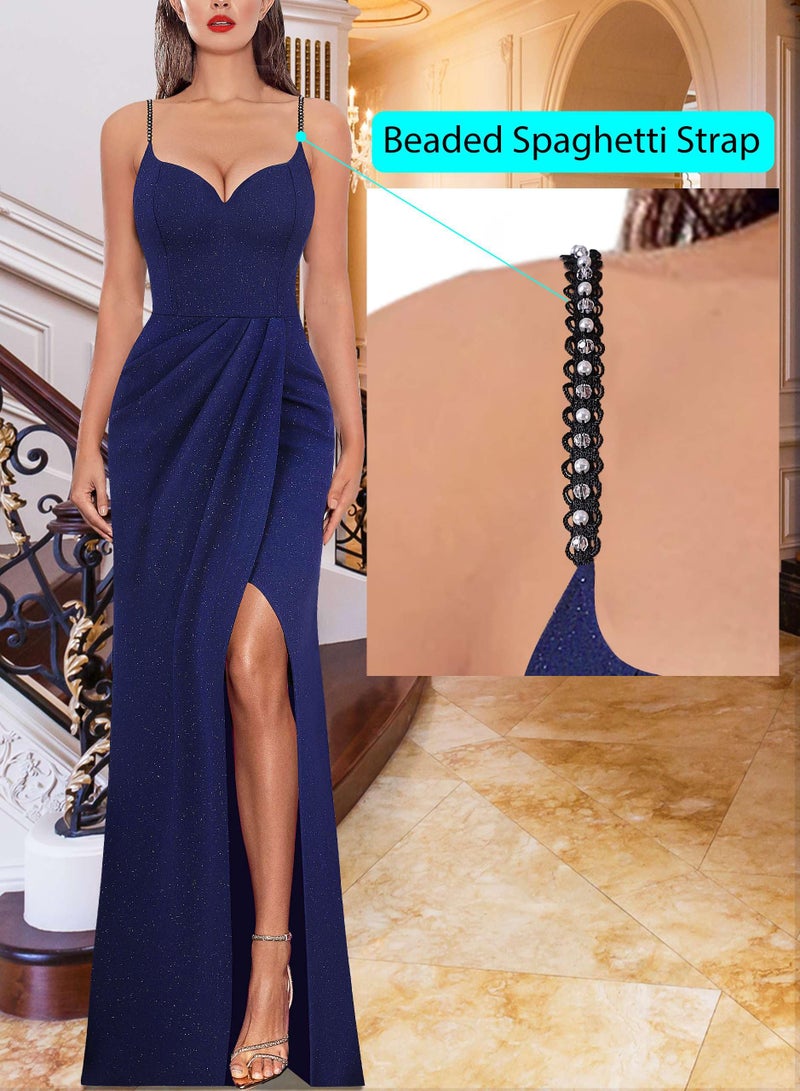 VFSHOW Womens Sexy Formal Prom Ruched Hight Slit Spaghetti Strap Maxi Dress Sweetheart Cocktail Wedding Guest Glitter Fitted Bodycon Evening Long Gown (Navy Blue, Large) 11181 BLU L - Image 3