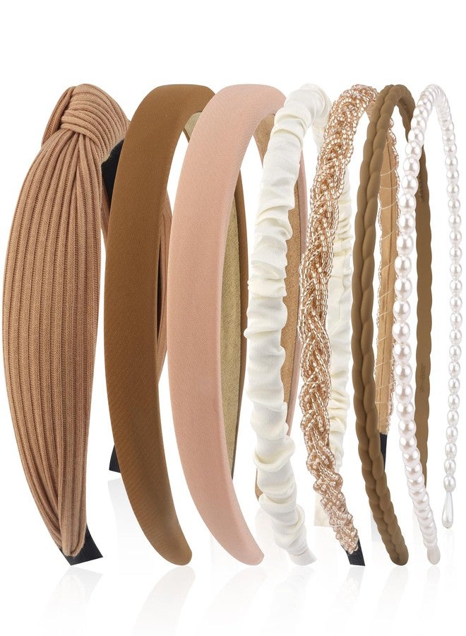 VELSCRUN 7 Pcs Different Headbands for Women Fashion Brown Knotted Solid Head Bands Pearl Headband Non Slip Hair Band for Womens Thin Thick Short Hair Face Wash Hair Accessories Gifts for Women Gilrs - Image 1