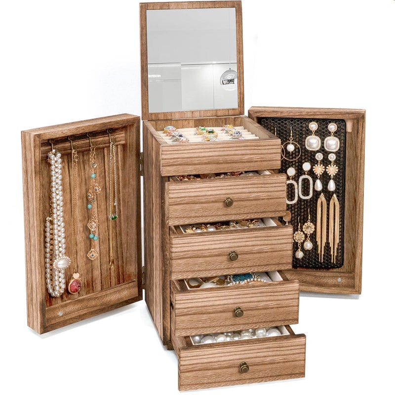 Meangood Jewelry Box Wood for Women, 5-Layer Large Organizer Box with Mirror & 4 Drawers for Rings, Earrings, Necklaces, Vintage Style, Torched Wood - Image 1