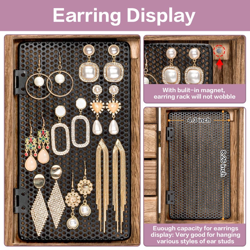 Meangood Jewelry Box Wood for Women, 5-Layer Large Organizer Box with Mirror & 4 Drawers for Rings, Earrings, Necklaces, Vintage Style, Torched Wood - Image 3