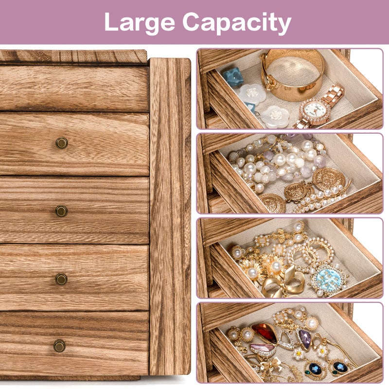 Meangood Jewelry Box Wood for Women, 5-Layer Large Organizer Box with Mirror & 4 Drawers for Rings, Earrings, Necklaces, Vintage Style, Torched Wood - Image 5
