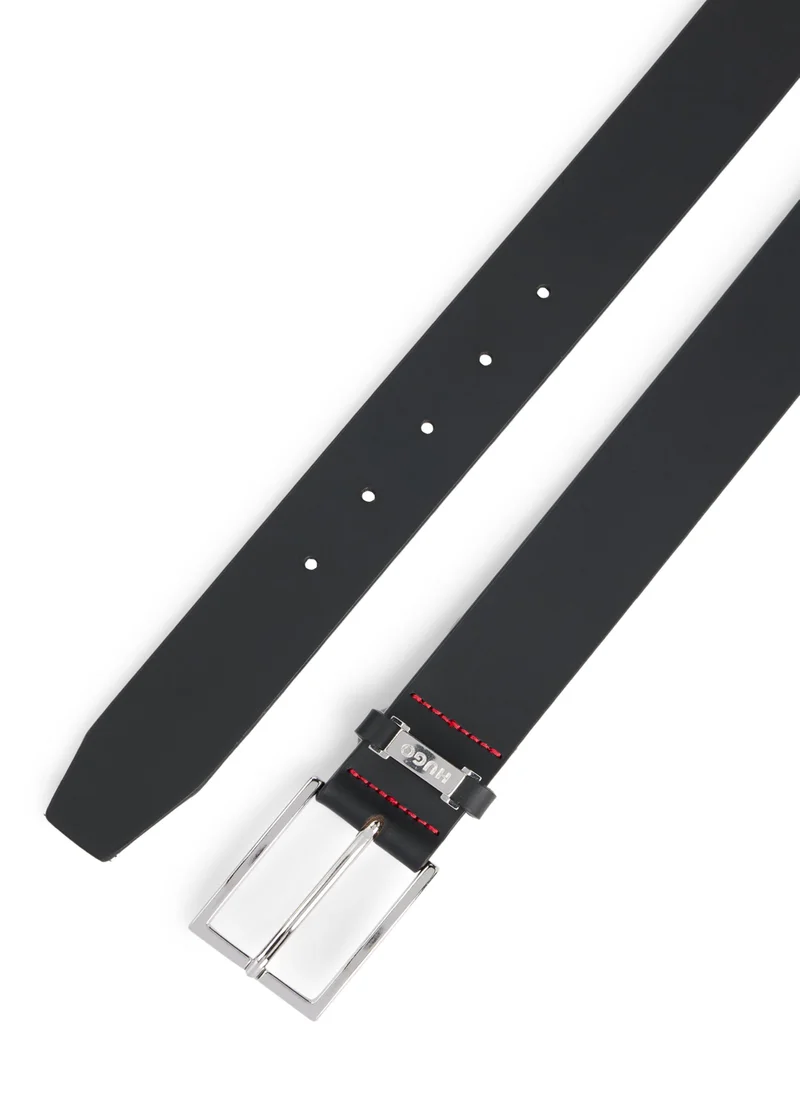 HUGO Buffalo-leather belt with logo keeper and polished hardware