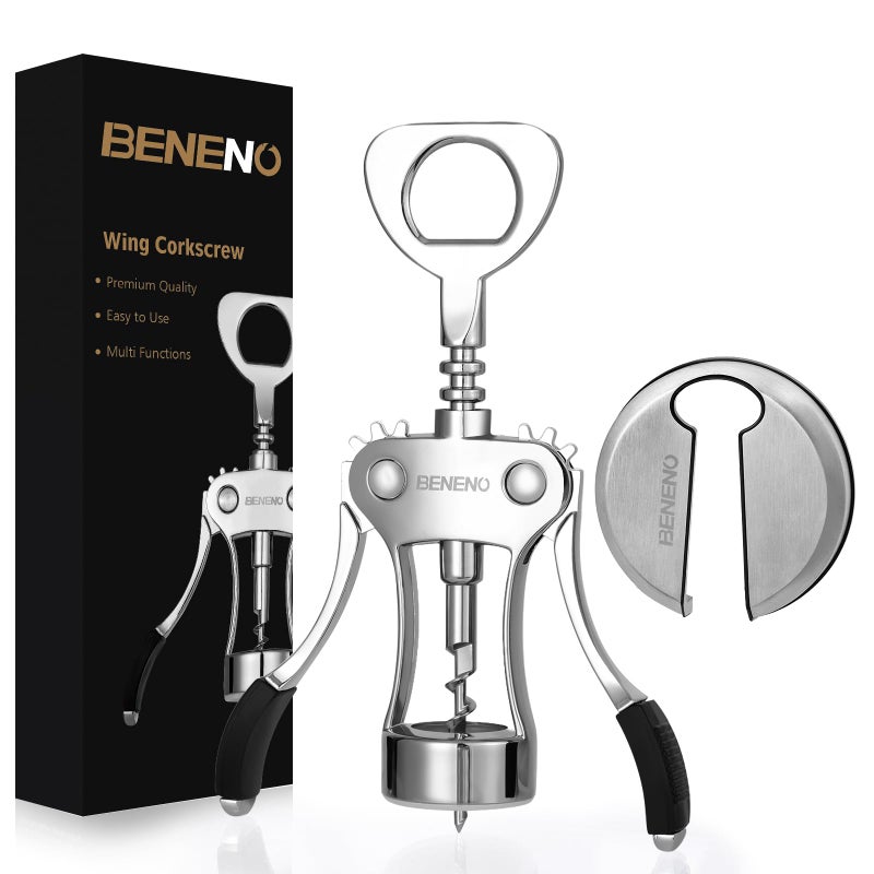 Beneno Wine Opener with Stainless Steel Wine Foil Cutter Bottle Top Seal Cutter Zinc Alloy Premium Wing Corkscrew with Multifunctional Bottles Opener Ash silver