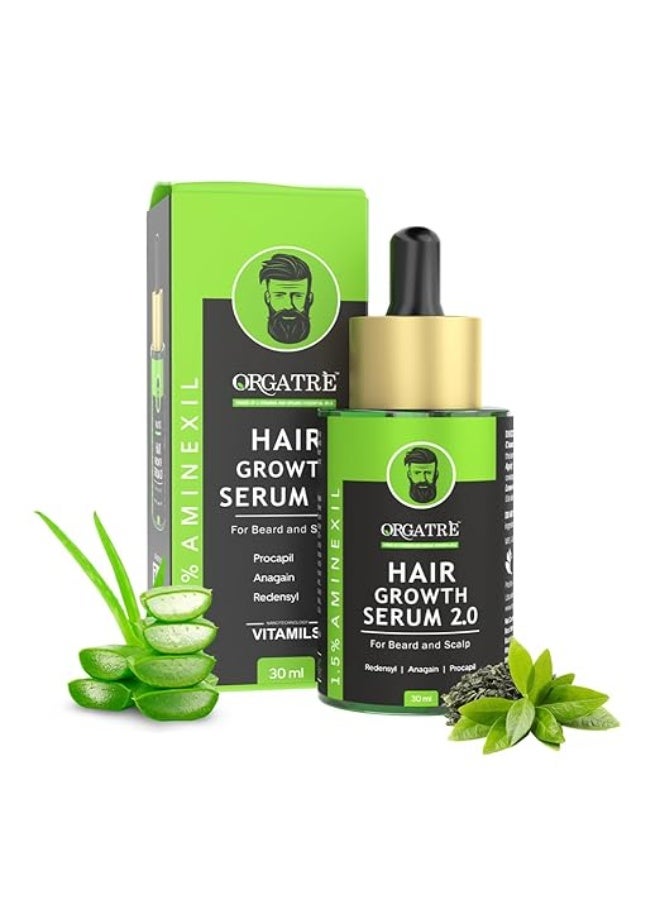 ORGATRE Hair Growth Serum 2.0-30ml | For Beard & Scalp | Reduces Hairfall & Thinning | 1.5% Aminexil, Redensyl, Anagain & Procapil | Hair Growth Serum for Men - Image 1
