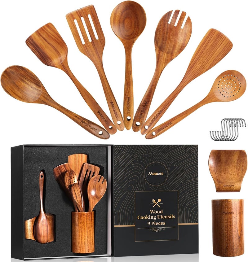 Mooues Wooden Spoons for Cooking, 9 PCS Teak Wood Cookware Utensil Set - Smooth Finish, Non-Stick, Comfortable Grip, Heat Resistant Kitchen Utensils Gift Box - Image 1
