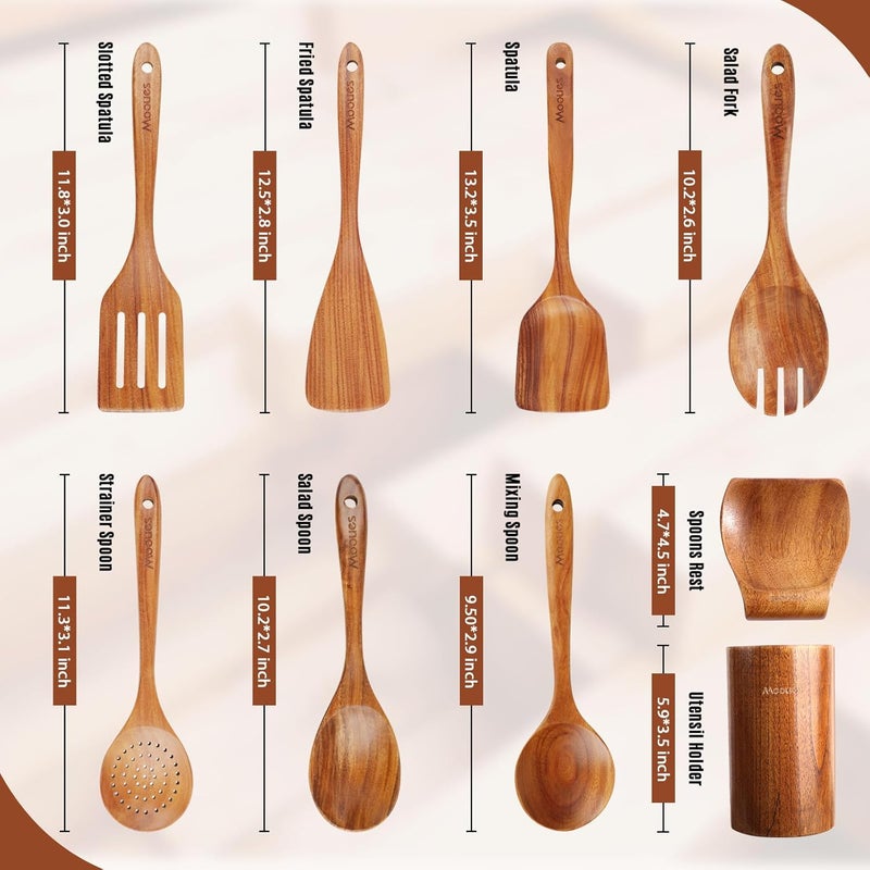 Mooues Wooden Spoons for Cooking, 9 PCS Teak Wood Cookware Utensil Set - Smooth Finish, Non-Stick, Comfortable Grip, Heat Resistant Kitchen Utensils Gift Box - Image 3