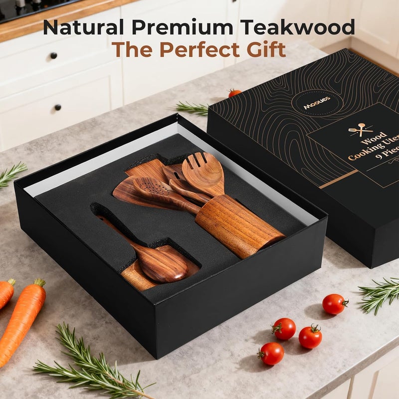 Mooues Wooden Spoons for Cooking, 9 PCS Teak Wood Cookware Utensil Set - Smooth Finish, Non-Stick, Comfortable Grip, Heat Resistant Kitchen Utensils Gift Box - Image 2
