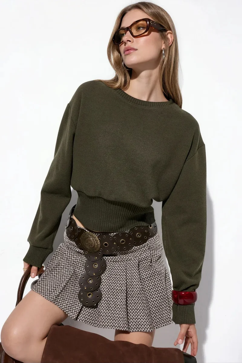 BUSEM Women's Ribbed Crop Crew Neck Sweater