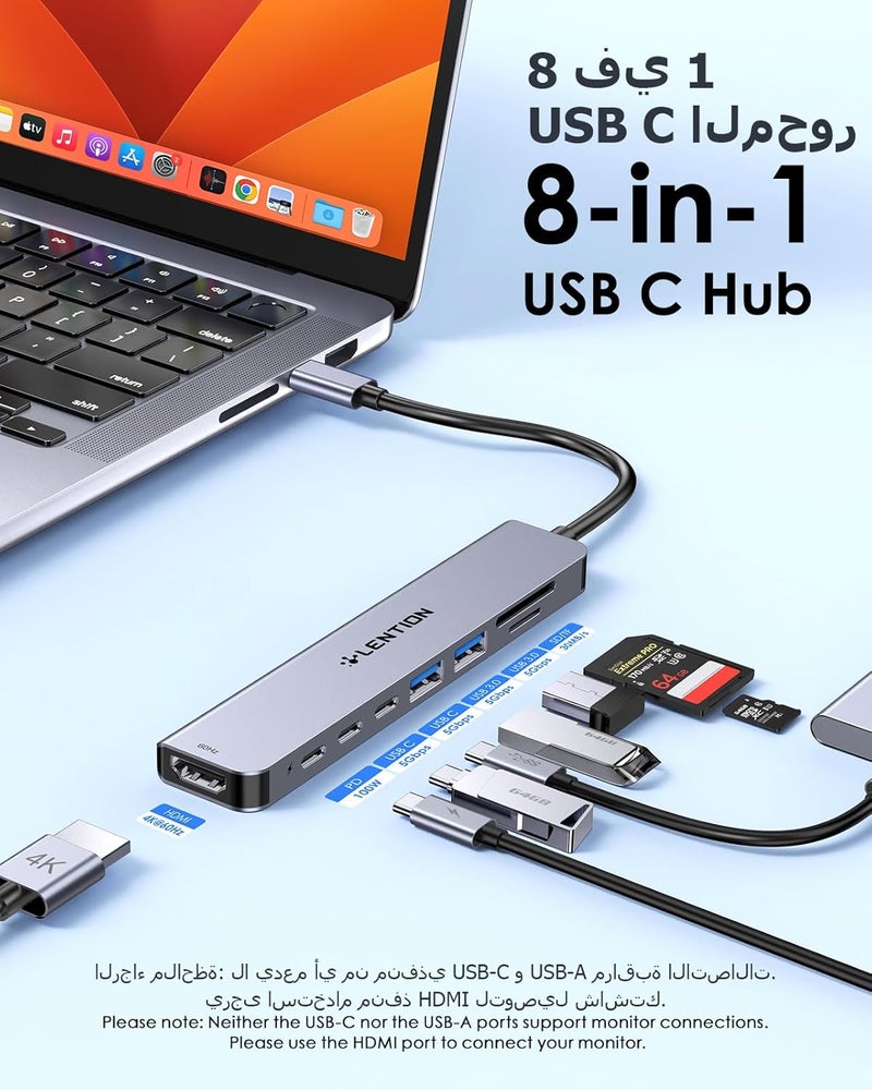 Lention 8 in 1 USB C Hub with 4K@60Hz HDMI, 100W Charging, 5Gbps USB C Data, 2 USB 3.0 and Dual Card Reader for iPhone 17/16/15 Series, 2025-2016 MacBook Pro, New Mac Air/Surface, More - Image 2