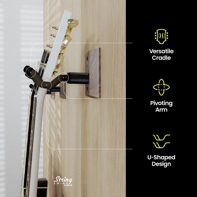 String Swing Guitar Hanger - Holder for Electric Acoustic and Bass Guitars - Stand Accessories Home or Studio Wall - Musical Instruments Safe without Hard Cases - Black Walnut Hardwood CC01K-BW 2-Pack - Image 3
