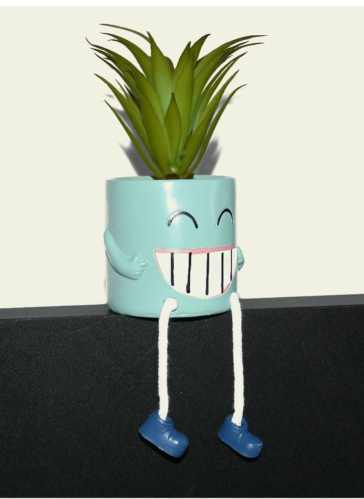 DRAMA HOME Artificial Decorative Plant With Smiley Face Design Pot Blue/Green 13 x 13 x 8cm  - Image 2