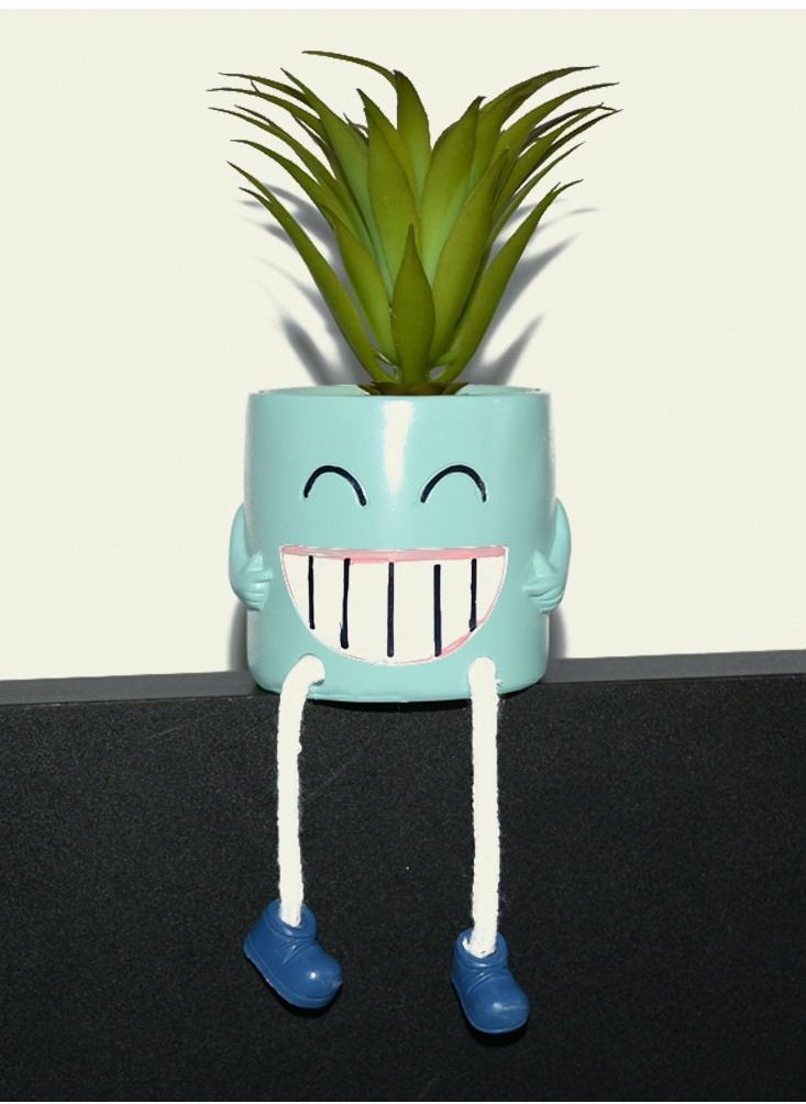 DRAMA HOME Artificial Decorative Plant With Smiley Face Design Pot Blue/Green 13 x 13 x 8cm  - Image 1