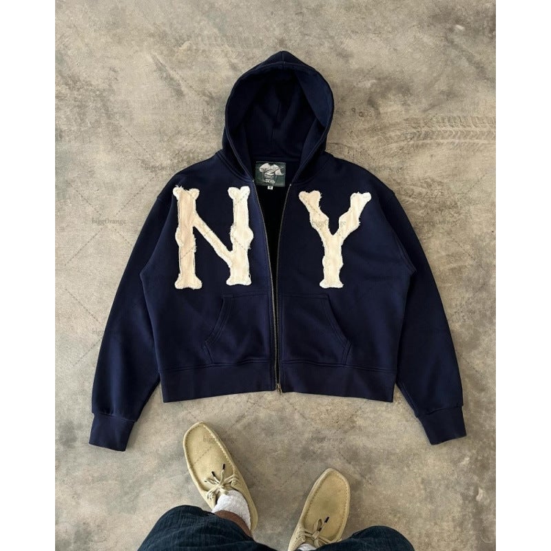 2025 New Zipper Sweatshirt NY Embroidered European and American Y2K Hooded Sweatshirt Mens and Womens Coat Jacket Ny navy blue - Image 1
