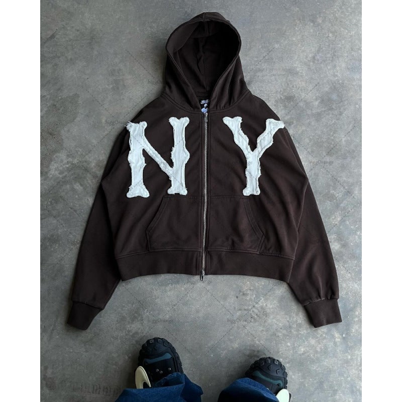 2025 New Zipper Sweatshirt NY Embroidered European and American Y2K Hooded Sweatshirt Mens and Womens Coat Jacket Ny navy blue - Image 2