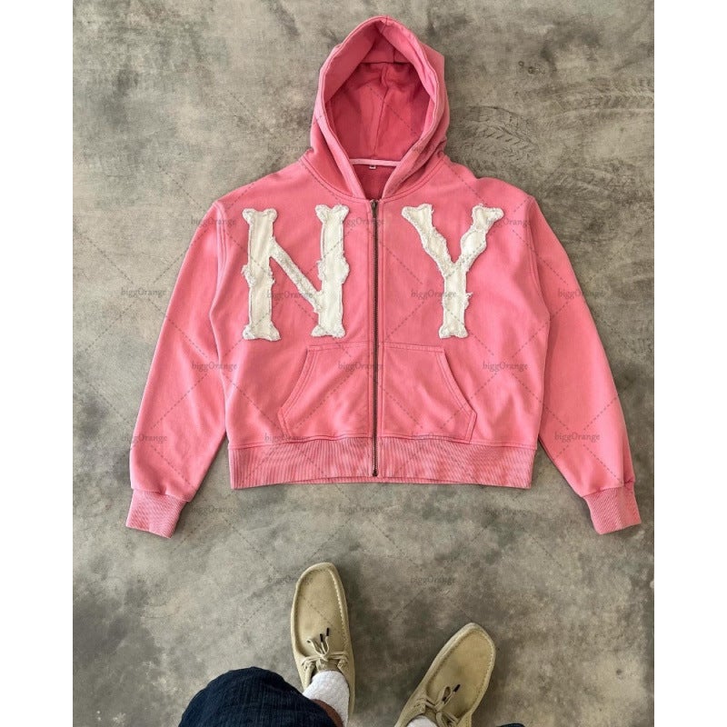 2025 New Zipper Sweatshirt NY Embroidered European and American Y2K Hooded Sweatshirt Mens and Womens Coat Jacket Ny navy blue - Image 3