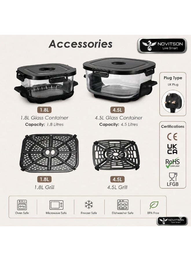 Novitson 6 in 1 Crispi Air Fryer NAF-6570B – Compact Portable Glass Design with 4.3L & 1.8L Glass Bowls, High Performance Cooking, Black - Image 4