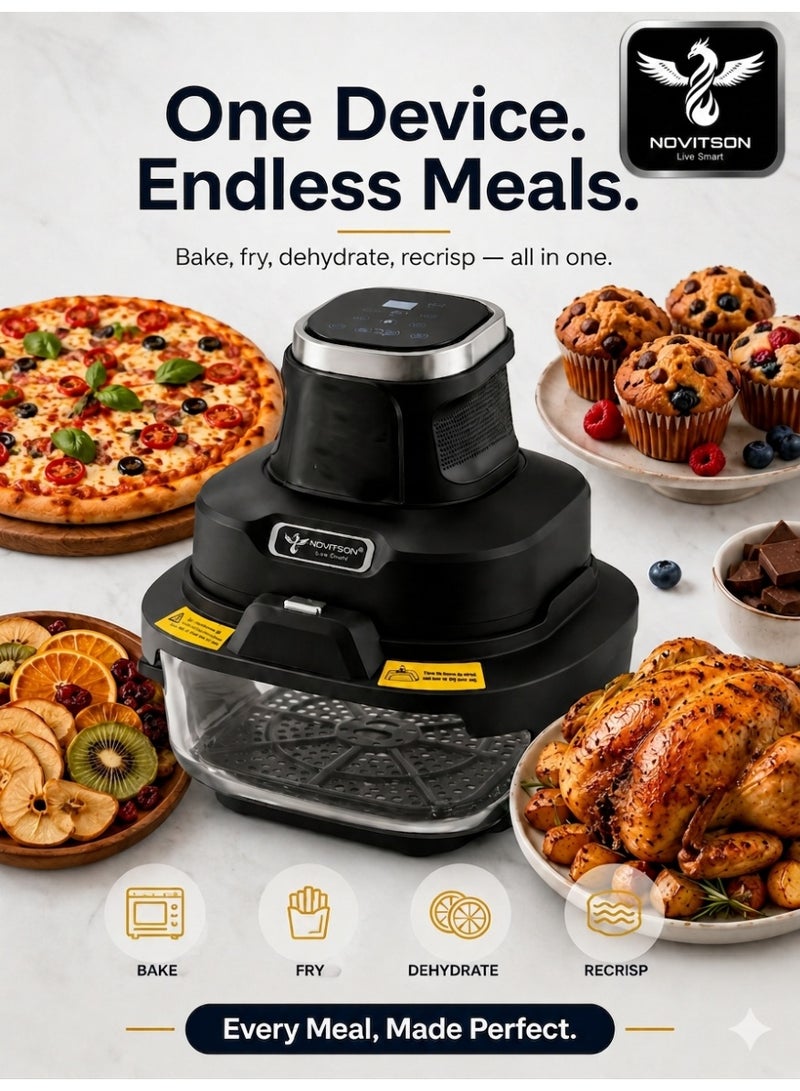 Novitson 6 in 1 Crispi Air Fryer NAF-6570B – Compact Portable Glass Design with 4.3L & 1.8L Glass Bowls, High Performance Cooking, Black - Image 5