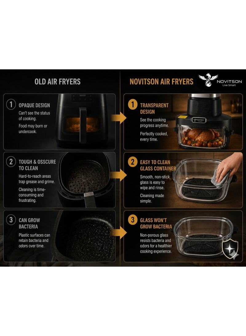 Novitson 6 in 1 Crispi Air Fryer NAF-6570B – Compact Portable Glass Design with 4.3L & 1.8L Glass Bowls, High Performance Cooking, Black - Image 2