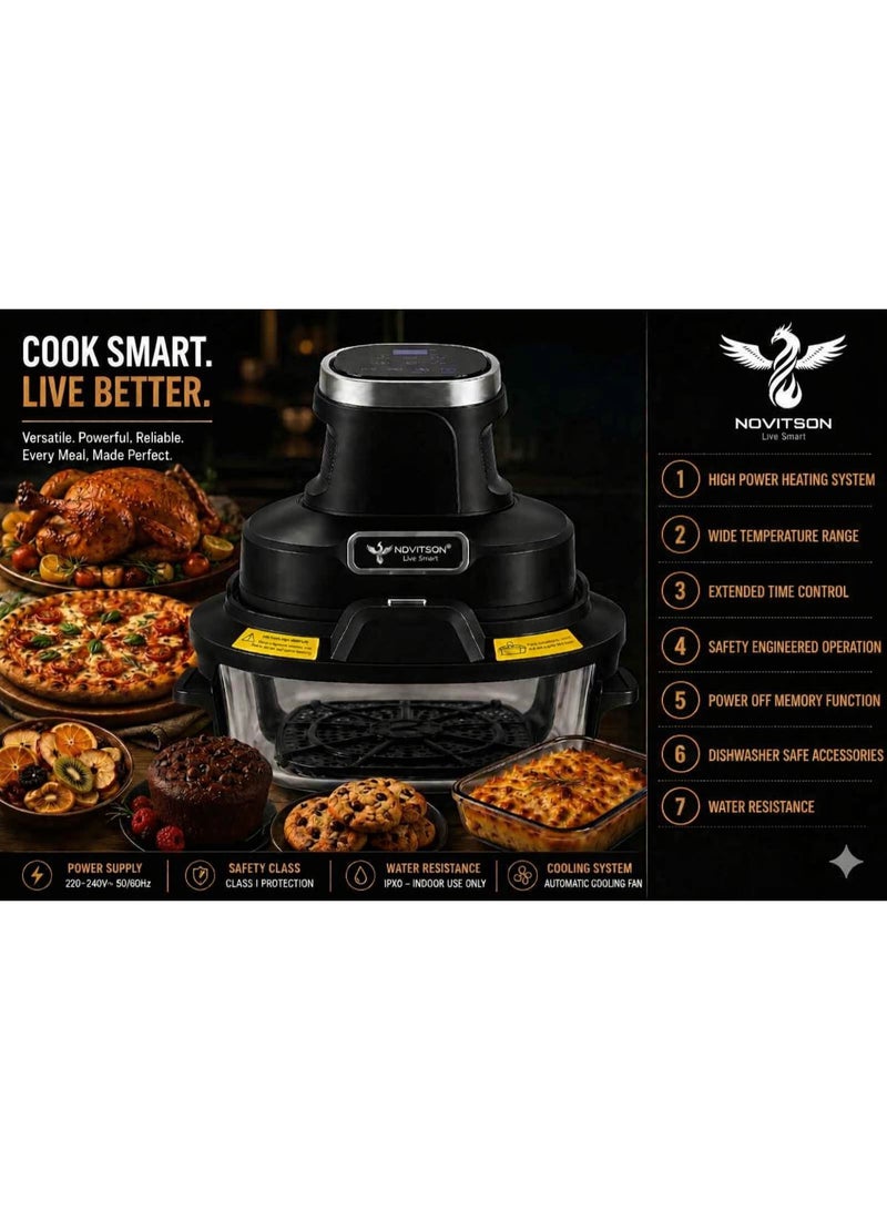 Novitson 6 in 1 Crispi Air Fryer NAF-6570B – Compact Portable Glass Design with 4.3L & 1.8L Glass Bowls, High Performance Cooking, Black - Image 3