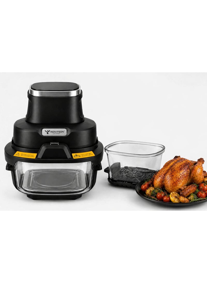 Novitson 6 in 1 Crispi Air Fryer NAF-6570B – Compact Portable Glass Design with 4.3L & 1.8L Glass Bowls, High Performance Cooking, Black - Image 1