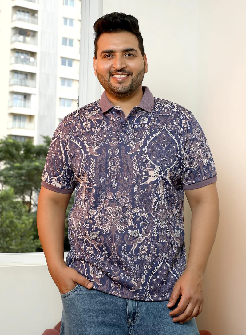 Instafab Plus Instafab Plus Men's Blue & Purple Indie Floral Jacquard-Knit Polo T-Shirt | Polo Neck , Short Sleeve , Button Closure , Straight Hem | Botanical Jacquard Cotton-Blend For Casual & Evening Wear