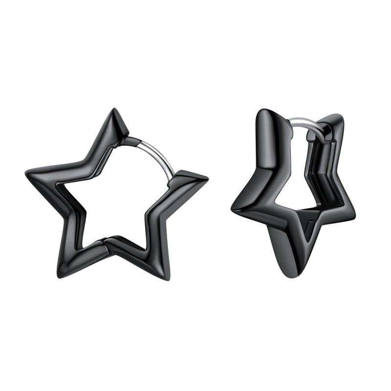 FindChic Black Star Earrings for Women and Men, Hypoallergenic Small Hoop Earrings with 925 Silver Post for Sensitive Ears, Goth Punk Black Star Huggie Earrings, Funky Cowboy Jewelry - Image 1