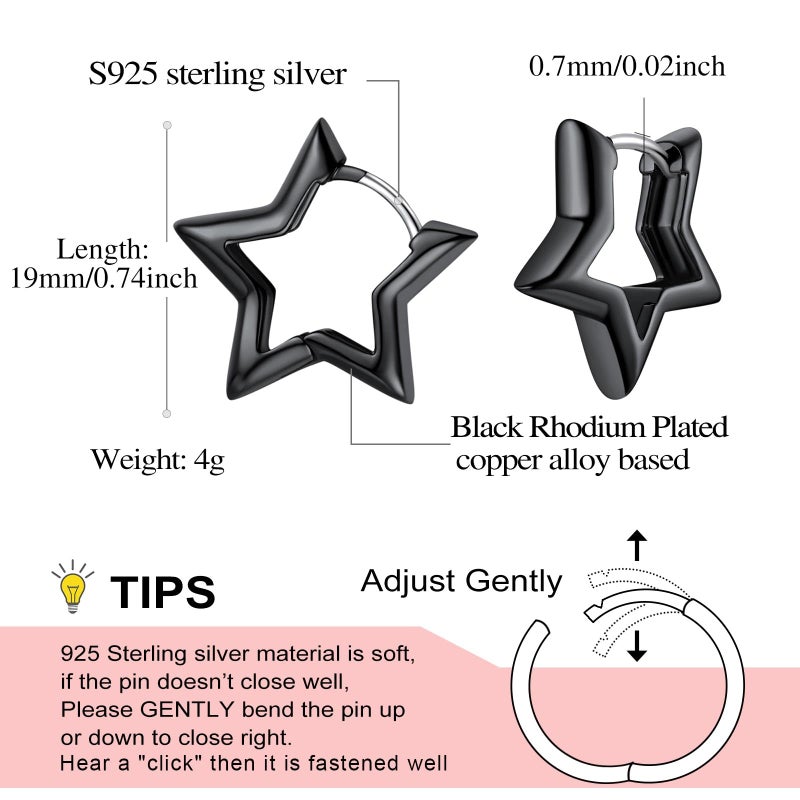 FindChic Black Star Earrings for Women and Men, Hypoallergenic Small Hoop Earrings with 925 Silver Post for Sensitive Ears, Goth Punk Black Star Huggie Earrings, Funky Cowboy Jewelry - Image 5