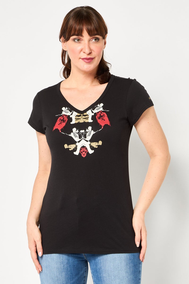 G-Star RAW Women V-Neck Short Sleeve Graphic Print Blouse, Dark Black - Image 1