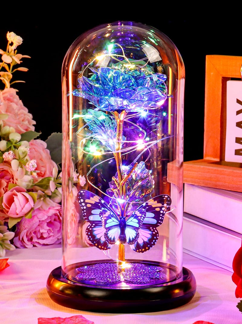 Pusuny Gifts for Women Birthday Gifts for Women  Galaxy Glass Rose Forever Eternal Crystal Flower Light Up Rose in Glass Dome with Butterfly for Women Her Mom Wife Friend Blue - Image 4