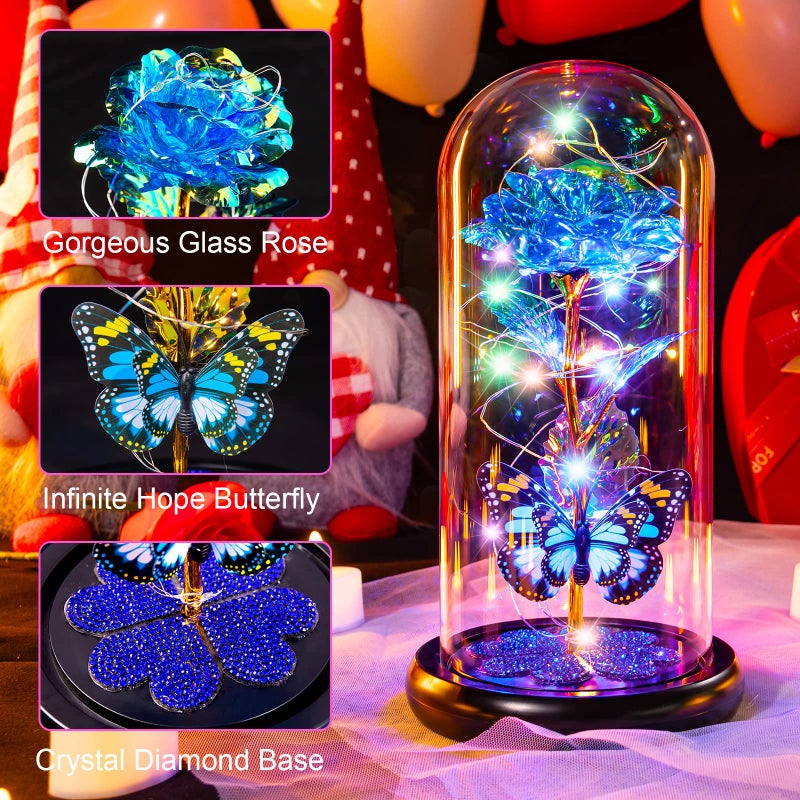 Pusuny Gifts for Women Birthday Gifts for Women  Galaxy Glass Rose Forever Eternal Crystal Flower Light Up Rose in Glass Dome with Butterfly for Women Her Mom Wife Friend Blue - Image 2