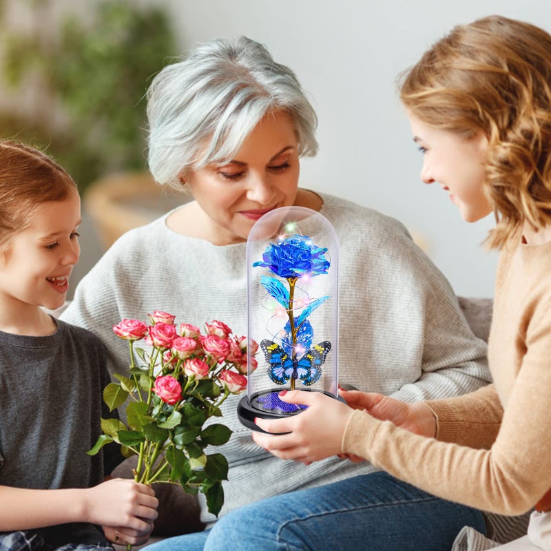 Pusuny Gifts for Women Birthday Gifts for Women  Galaxy Glass Rose Forever Eternal Crystal Flower Light Up Rose in Glass Dome with Butterfly for Women Her Mom Wife Friend Blue - Image 5