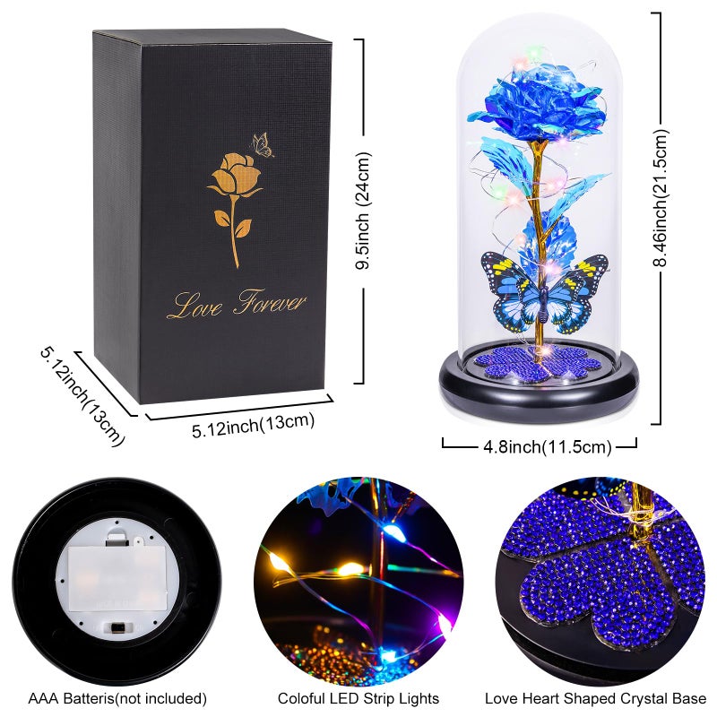 Pusuny Gifts for Women Birthday Gifts for Women  Galaxy Glass Rose Forever Eternal Crystal Flower Light Up Rose in Glass Dome with Butterfly for Women Her Mom Wife Friend Blue - Image 3