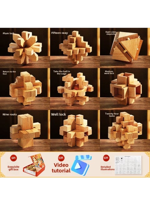 Luban Lock Kongming Lock Complete Set Of Kidsren's Toys For Primary School Students Over 10 Years Old 12 Mortise And Tenon Building Blocks Intelligence Unlocking-Color:[color Box] Beech Nine-piece Set B