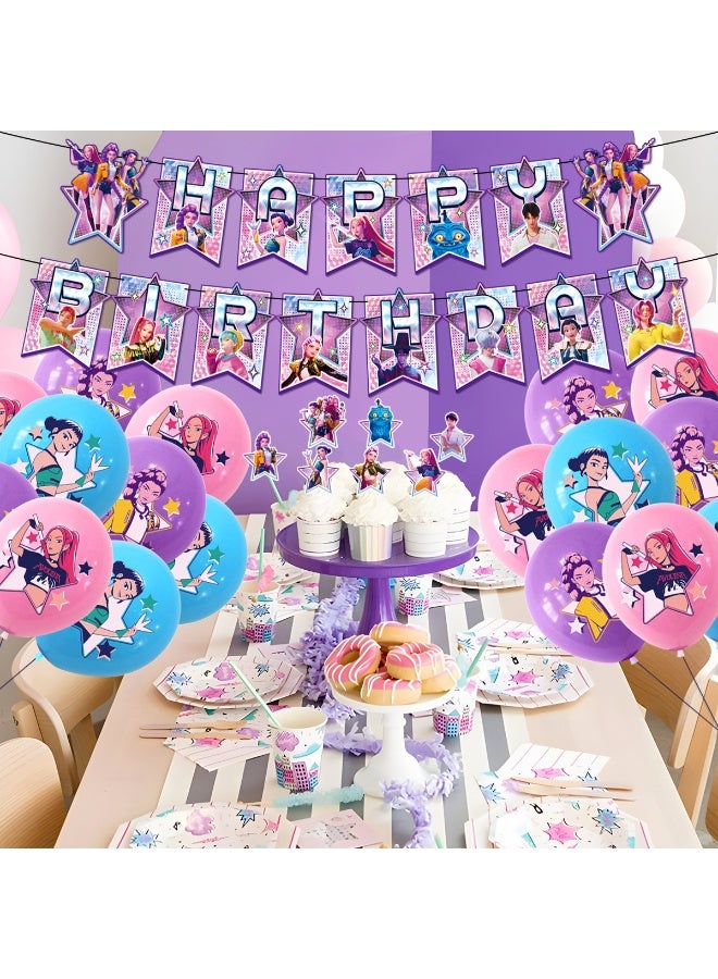 KPop Demon Hunters Birthday Party Decorations Set, Happy Birthday Banner, Latex Balloons, Cake & Cupcake Toppers for Kids Fans - Image 3
