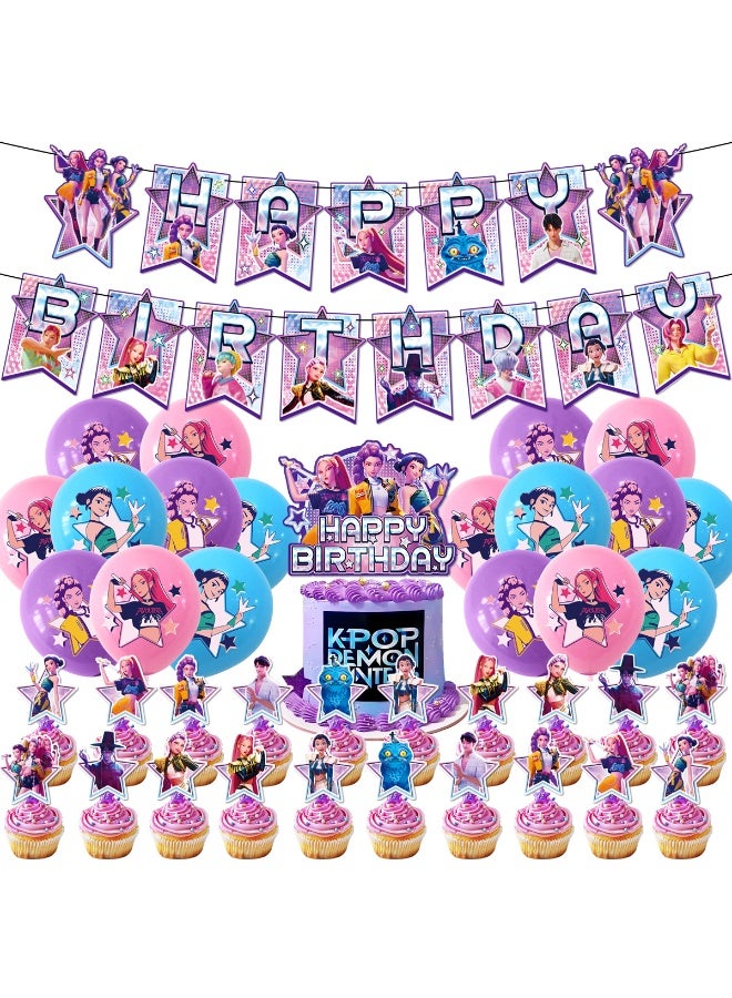 KPop Demon Hunters Birthday Party Decorations Set, Happy Birthday Banner, Latex Balloons, Cake & Cupcake Toppers for Kids Fans - Image 1