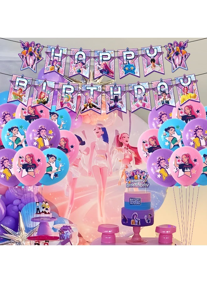 KPop Demon Hunters Birthday Party Decorations Set, Happy Birthday Banner, Latex Balloons, Cake & Cupcake Toppers for Kids Fans - Image 4