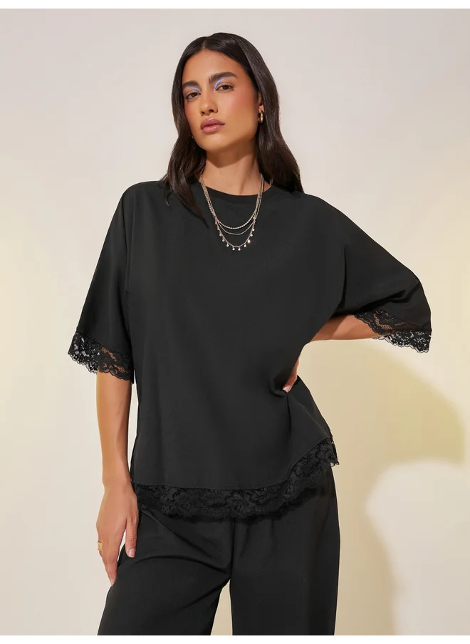 تايك تو Take Two Lace Detail Short Sleeve Top and Pants Co-Ords