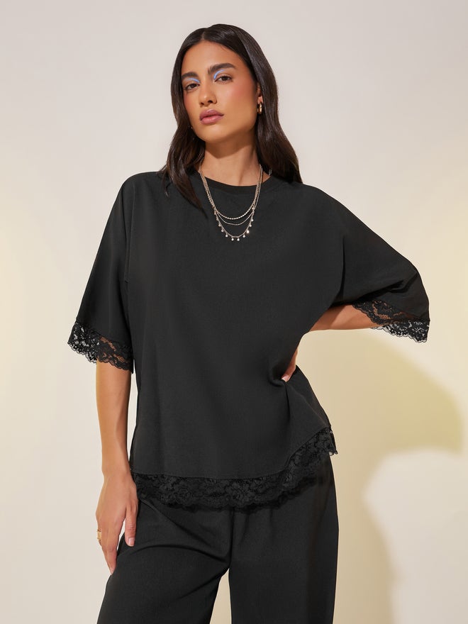 Take Two Take Two Lace Detail Short Sleeve Top and Pants Co-Ords - Image 2